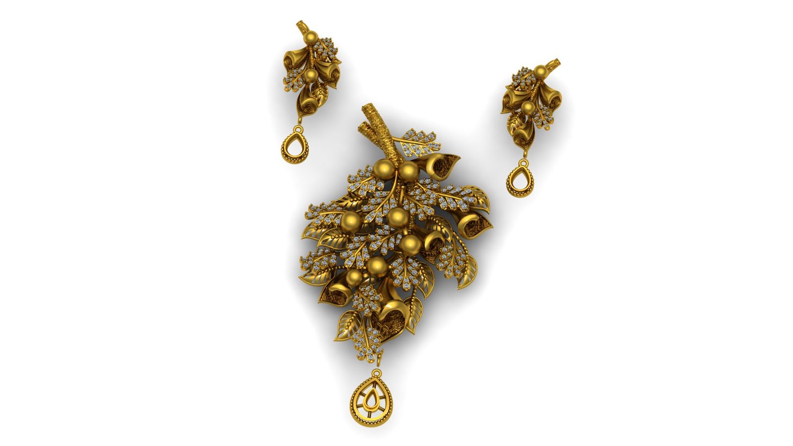 Antique Gold Diamond Floral Choker Necklace Set with Matching Earrings 000063